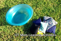 relay game for preschool using bean bags and bucket