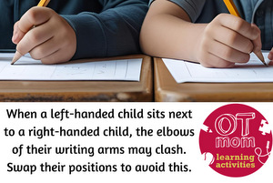 position a left-handed child so they don't clash elbows with a right-handed child position a left-handed child so they don't clash elbows with a right-handed child