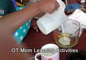 pouring ingredients with a jug helps with eye-hand coordination