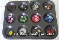 preschool activity - sorting buttons in a muffin tray